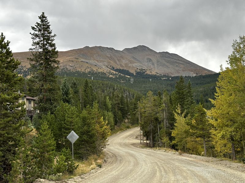 Dirt road winding toward Bald Mountain through autumn color