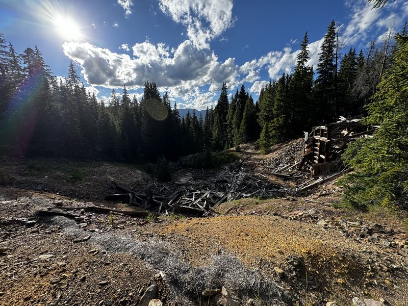 Historic mine ruins in the forest with sun flare