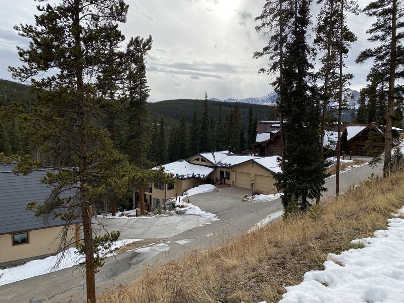 The house and driveway seen from above in late winter